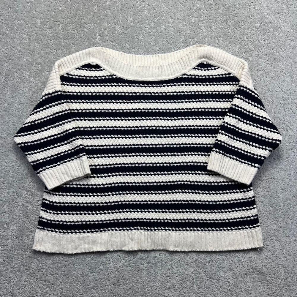 Boden Sweater Sz L Navy White Stripe Cotton Textured Knit Wide Neck 3/4 Sleeve‎